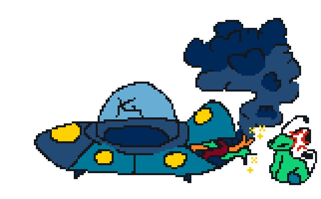 broken down ufo, annoyed alien sitting next to it